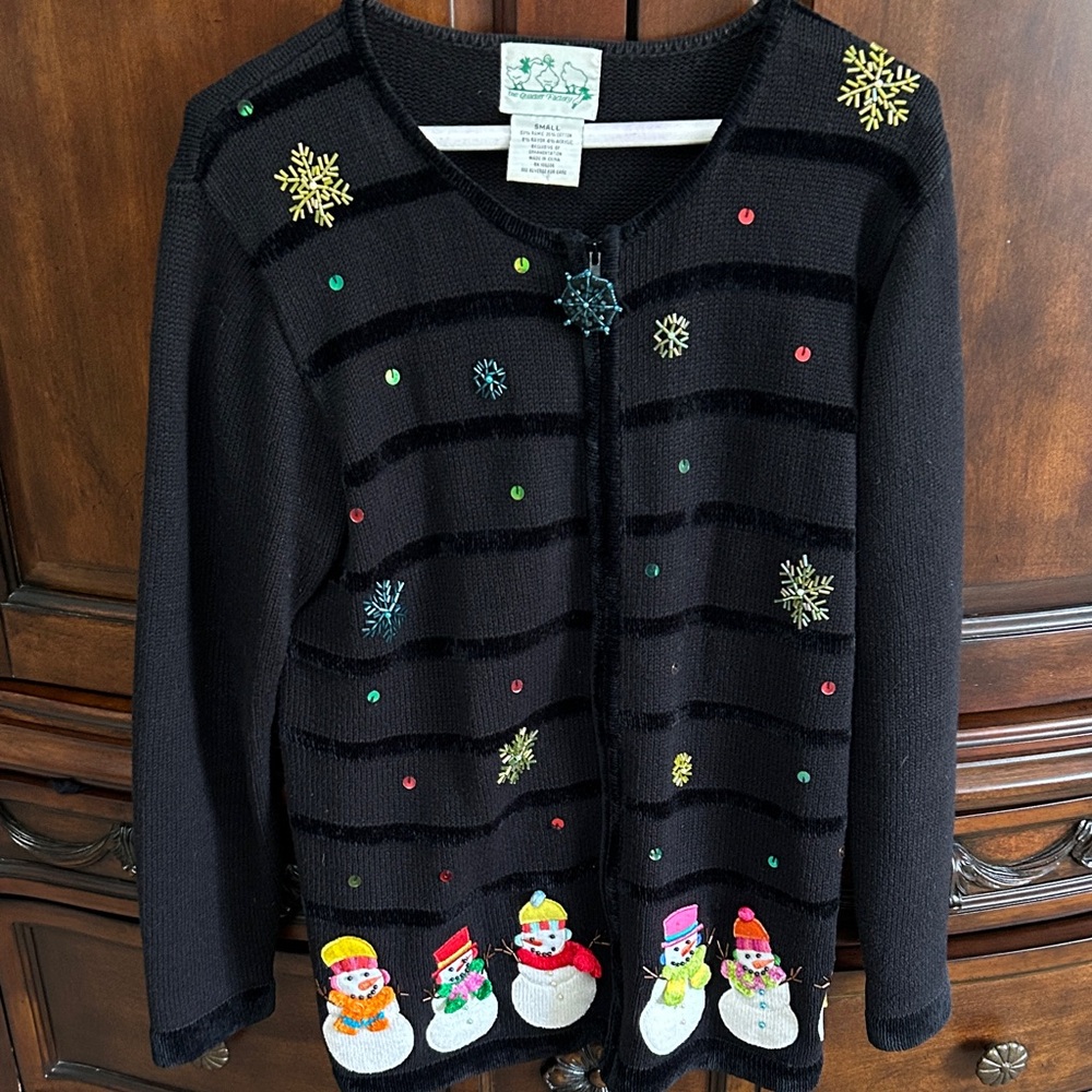 Quacker Factory Festive Black Holiday Sweater with Snowman Design